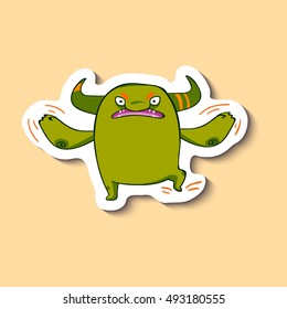 Vector sticker with violet angry monster. Emotion monster on yellow background. Shut up! I hate you! Very angry.
