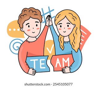 Vector sticker we are a team. Girl and guy give high five. Colleagues coped with the project. Hand drawn cute illustration of the team