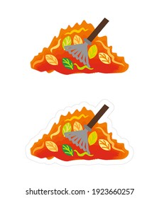 Vector sticker with white border of dry autumn leaves heap with rake. Simple clipart isolated on white background. Cleaning of fallen leaves