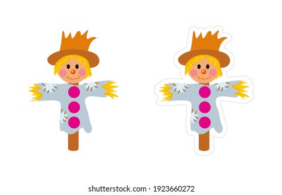 Vector sticker with white border of the scarecrow. Simple flat clipart of cute straw doll for field and garden