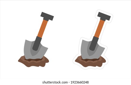 Vector sticker with a white border of a shovel stuck in the ground. Digging tool cartoon clipart isolated on white background