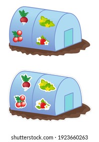 Vector sticker with white outline of the greenhouse with vegetables. Glasshouse building cartoon clipart isolated on white background