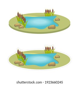 Vector sticker with a white outline of a lake with reeds. Cartoon pond clipart isolated on white background