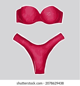 Vector sticker with a white rim with a fashionable womens bright pink swimsuit