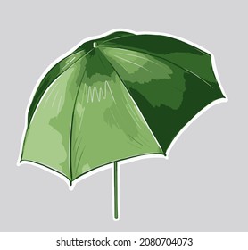 Vector sticker with a white rim featuring green beach umbrella on a gray background
