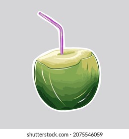 A vector sticker with a white rim on which a coconut fruit with a straw on a gray background