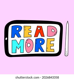 
vector  sticker for work and study - read more.nostalgia hand drawn font.Lettering typography in the psychedelic hippie style of the 70s and 80s.Rainbow sticker for social media stories