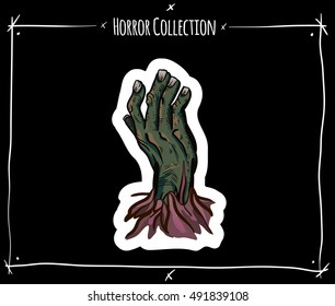 Vector sticker with zombie hand on black background