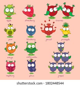 Vektor Stickerpack mit fruchtigen, lustigen Eule. 