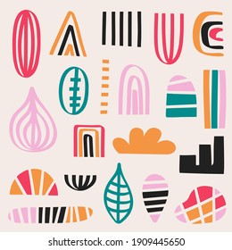 vector stickers - abstract boho shapes. Minimalistic Scandinavian geometric elements and fragments. Pieces for collage, presentations, postcards. Free form stripes. Isolated on white back