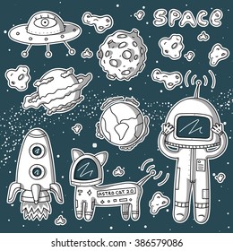 Vector stickers of astronaut, planets, constellations, stars, cosmo cat and asteroids on dark blue background.
