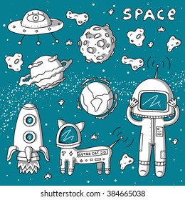 Vector stickers of astronaut, planets, ufo, rocket, constellations, stars, cosmo cat and asteroids on blue background.
