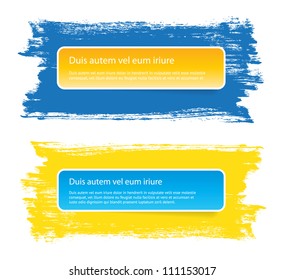 Vector stickers banners on a hand-painted daub backdrops, Blue / Yellow
