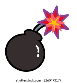Vector stickers of a bomb with a burning wick in cartoon style. BOOM vector illustration.  dynamite in retro style. Fashion Sticker and Patch Vector