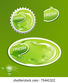 vector stickers and bottle cap with a juicy, fresh background with leaves and drops