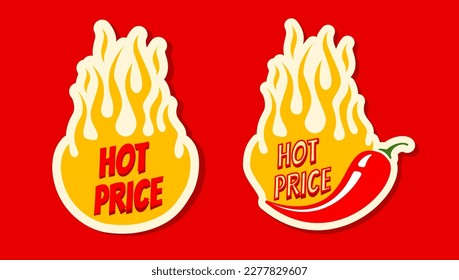 Vector stickers with chilli pepper and fire for special offer. Vector set banners with chili pepper for hot price.