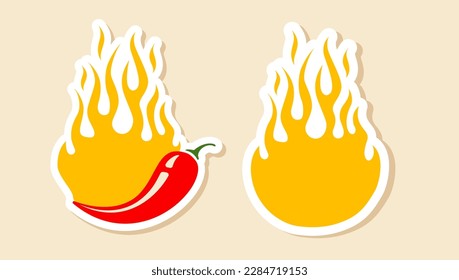 Pegatinas vectoras con pimienta y fuego para una oferta especial. El vector pone pancartas con pimienta picante a un precio muy alto.