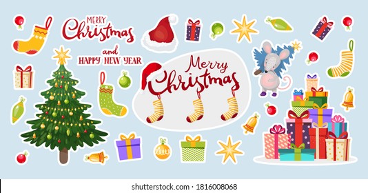 Vector stickers for Christmas and New Years, New Year tree, gifts, balls, New Year decorations. Festive clipart. Flat vector illustration, cartoon design