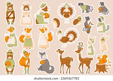 Vector stickers collection with cute autumn animals bears, foxes, turkeys, racoons, rabbits, hedgehogs, deers. Cute characters for print, card, stationery, nursery decoration