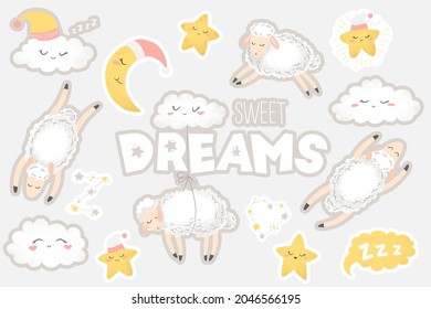 Vector stickers collection with cute hand drawn cartoon clouds, moon, stars and sheeps isolated on grey background. Sweet dreams Illustration for print, card, stationery