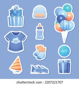 Vector stickers collection for gender party. It's a boy stickerpak. Cards for boy on blue background, gender reveal baby shower