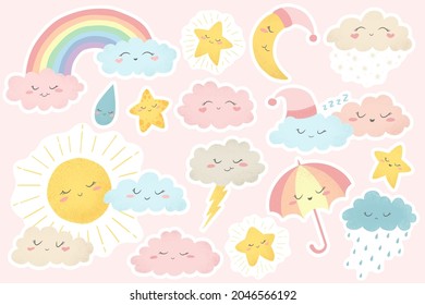 Vector stickers collection with hand drawn cartoon sun, moon, rainbow, umbrella, rain, snow, clouds and stars isolated on pink background. Cute weather characters for print, card, stationery