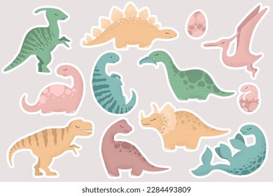 Vector stickers collection with hand drawn cartoon dinosaurs isolated on grey background. Cute dino characters for print, card, stationery, nursery decoration