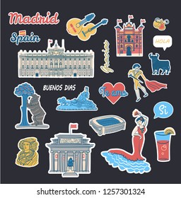 Vector stickers collection with symbols and buildings of Spain and text phrases in spanish language. Isolated vector clipart set with famous attractions such as Prado museum and Royal palace