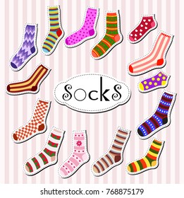 Vector stickers with colorful socks. Set of socks with geometric ornament isolated on pink striped background.