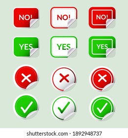 Etiquetas vectoras con consentimiento y negación. Marque y marque el conjunto de iconos de la placa transversal.