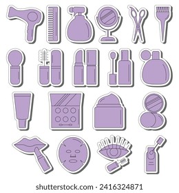 Vector stickers of cosmetics and self-care products.