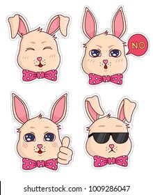 Vector stickers with cute little funny bunny emotions, bunny in glasses, with stars and with kisses. Part 1