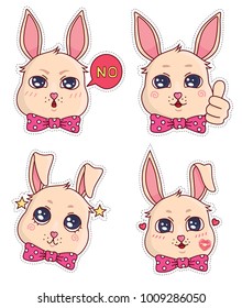 Vector stickers with cute little funny bunny emotions, bunny in glasses, with stars and with kisses. Part 5