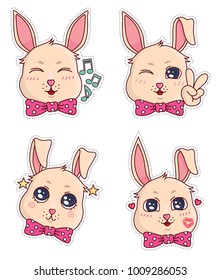 Vector stickers with cute little funny bunny emotions, bunny in glasses, with stars and with kisses. Part 2