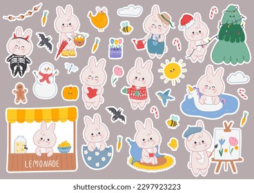 Vector stickers cute rabbit with different activities and seasons. Bunny with pool ring, bunny decorates the Christmas tree, Halloween, Easter bunny, etc. Cute design for posters, scrapbooking