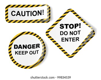 Vector stickers with danger tape, isolated on white