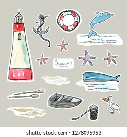 Vector stickers design. Marine objects set. Pen drawing with watercolor style background.