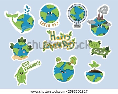 Vector stickers "Earth Day" in a trendy cartoon style. A set of stickers for Earth or World Environment Day. Funny vector illustration of planet Earth, a globe with a smiley face. Eco-friendly labels 