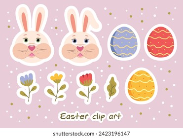 Vector stickers for Easter holiday, cartoon bunny, colourful eggs and flowers. Cute Easter Clipart design. 