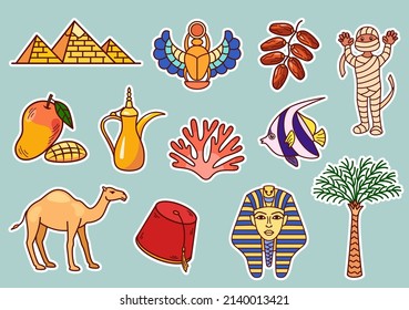 Pegatinas vectoriales de la vista egipcia, conjunto de iconos de viaje, ilustraciones de los monumentos turísticos de Egipto