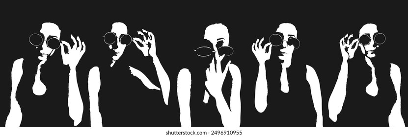 Vector.Set of stickers with a face in glasses. Symbols with different emotions. Poses of faces, hands. Torso. Halftone silhouettes. Halloween. Icons for messages, atmosphere, website, avatar. 	