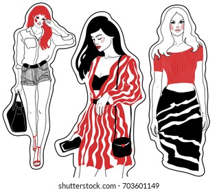 vector stickers fashion sketches beautiful girls blond redhead brunette fashion illustration black white red