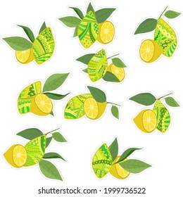 vector stickers in the form of lemons with leaves and ornaments with patterns