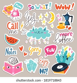 Vector stickers with funny hand drawn music, book, coffee elements and quotes. Cartoon romantic images and trendy lettering. Flat style illustrations, labels, objects for print and organizer.