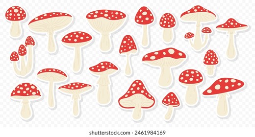 Vector Stickers with Hand Drawn Cartoon Fly Agaric Mushrooms. Amanita Muscaria, Fly Agaric Illustration, Mushrooms Collection. Magic Mushroom Set, Design Template