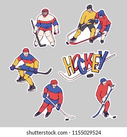 Vector stickers hockey player and goalkeeper in sports uniform. Sportsmans motion with hockey stick and puck in different race. Set outline illustration and inscription letters