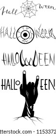 Vector stickers (icons) Halloween lettering in the form of a zombie's hand, a vampire's fangs, an eyeball and a cobweb. 
