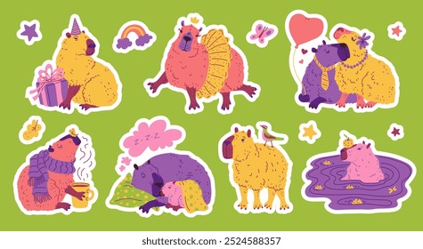 Vector stickers with the image of happy capybaras: mom and baby, a couple in love, in a festive hat. The set includes bright graphics, flowers and butterflies.