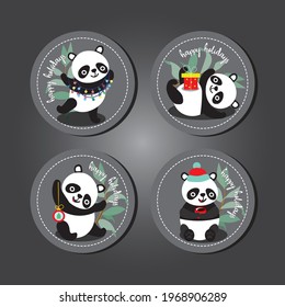 Vector stickers with the image of pandas. Labels with panda and the inscription happy holidays. Cute Christmas stickers in a round shape on a gray background. Printing on paper, glass, textiles