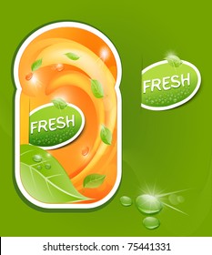 vector stickers with a juicy, fresh background with leaves and drops